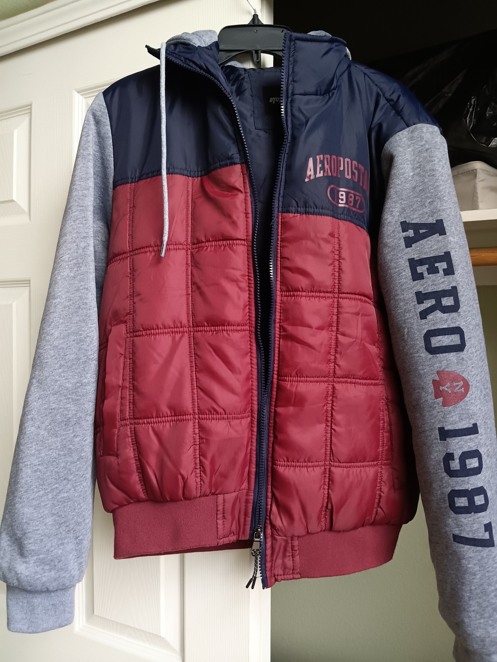 Aeropostale Red, Navy & Gray Hooded Puffer Jacket